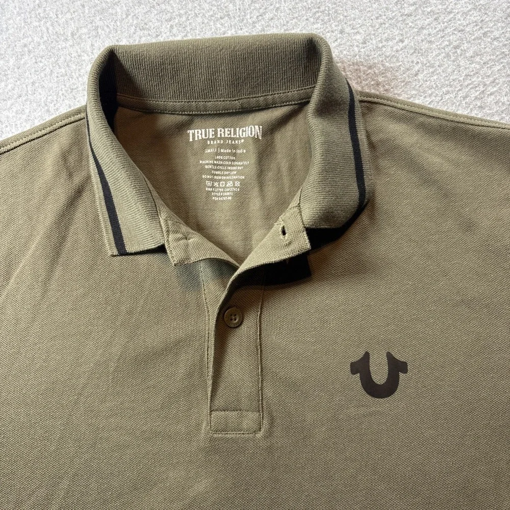 True Religion Men's Polo Shirt Green Sz S Shirt Sleeve Large Back Print Preppy